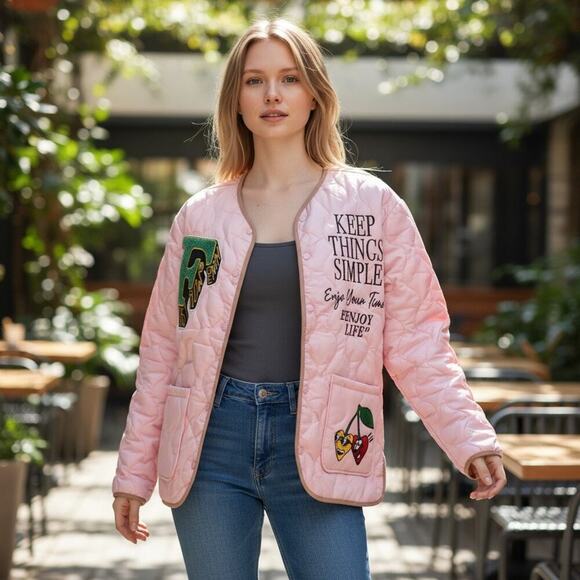 NWT First Row Denim "Keep Things Simple" Pink Quilted Jacket Enjoy Life – Small - Picture 3 of 12